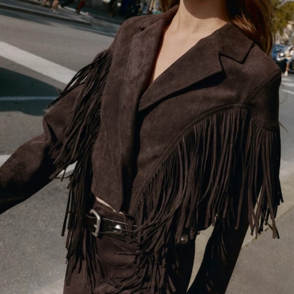 ZARA Fringe Faux Suede Jacket Brown Size Small S NEW